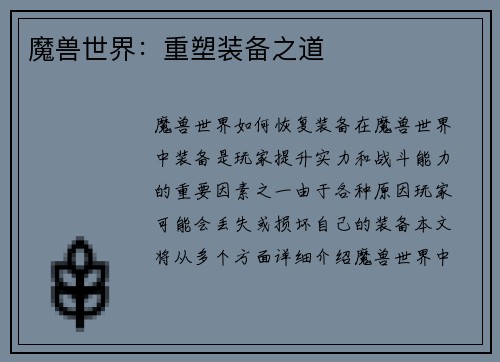 魔兽世界：重塑装备之道