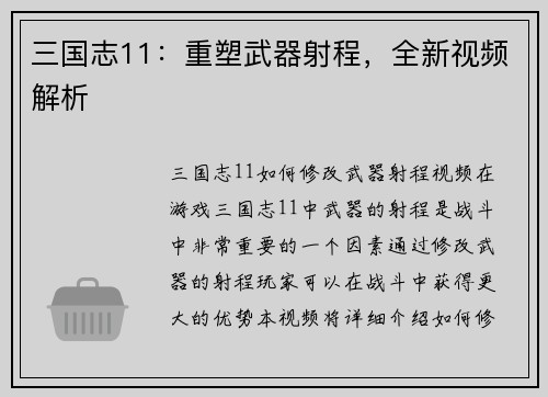 三国志11：重塑武器射程，全新视频解析