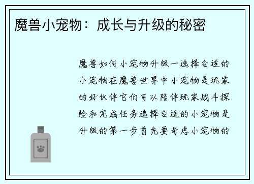 魔兽小宠物：成长与升级的秘密